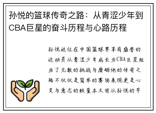 孙悦的篮球传奇之路：从青涩少年到CBA巨星的奋斗历程与心路历程